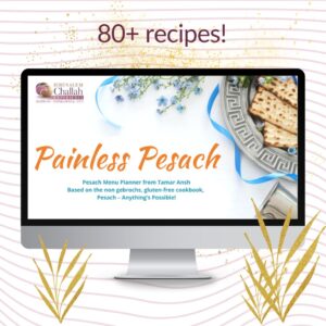 a computer monitor displaying a promotional ad for "Painless Pesach," featuring over 80 recipes, alongside an image of matzo and decorative flowers.