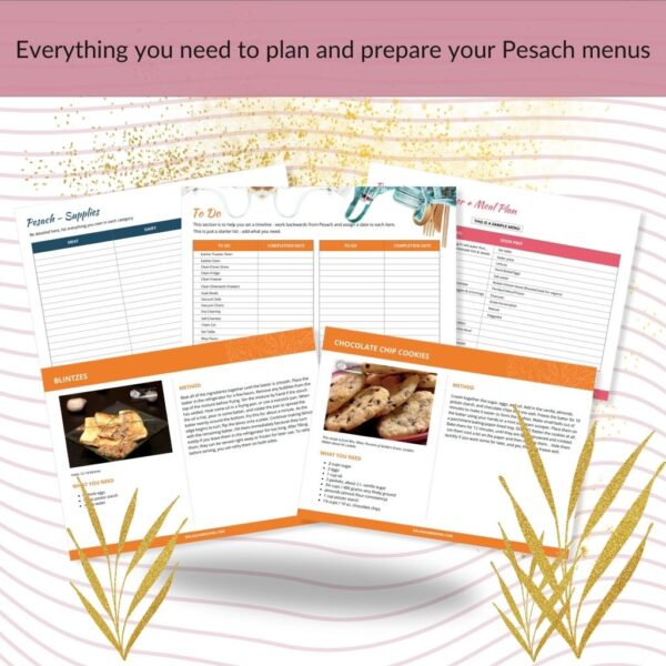 promotional layout for organizing Pesach (Passover) menus, including lists, recipes, and planning pages, surrounded by decorative elements and gold wheat illustrations.